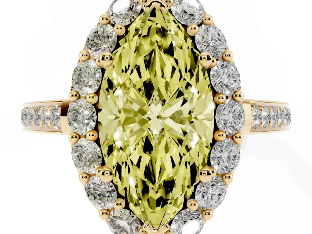 Fancy Yellow Marquise Cut Diamond Floral Halo Ring with Pavé Band and Prong Setting Yellow gold