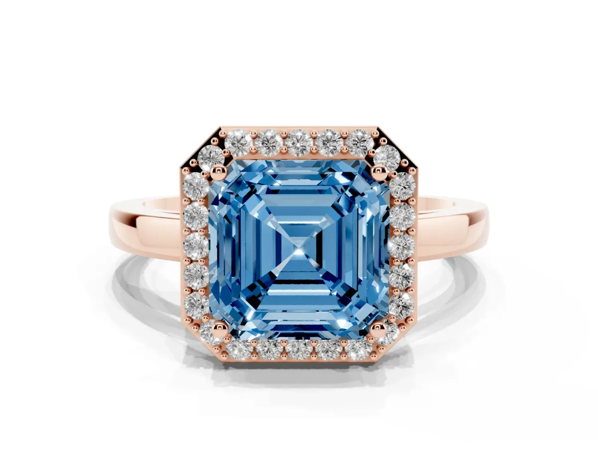 Fancy Blue Asscher Cut Halo Diamond Ring with Solitaire Band and Prong Setting Rose gold