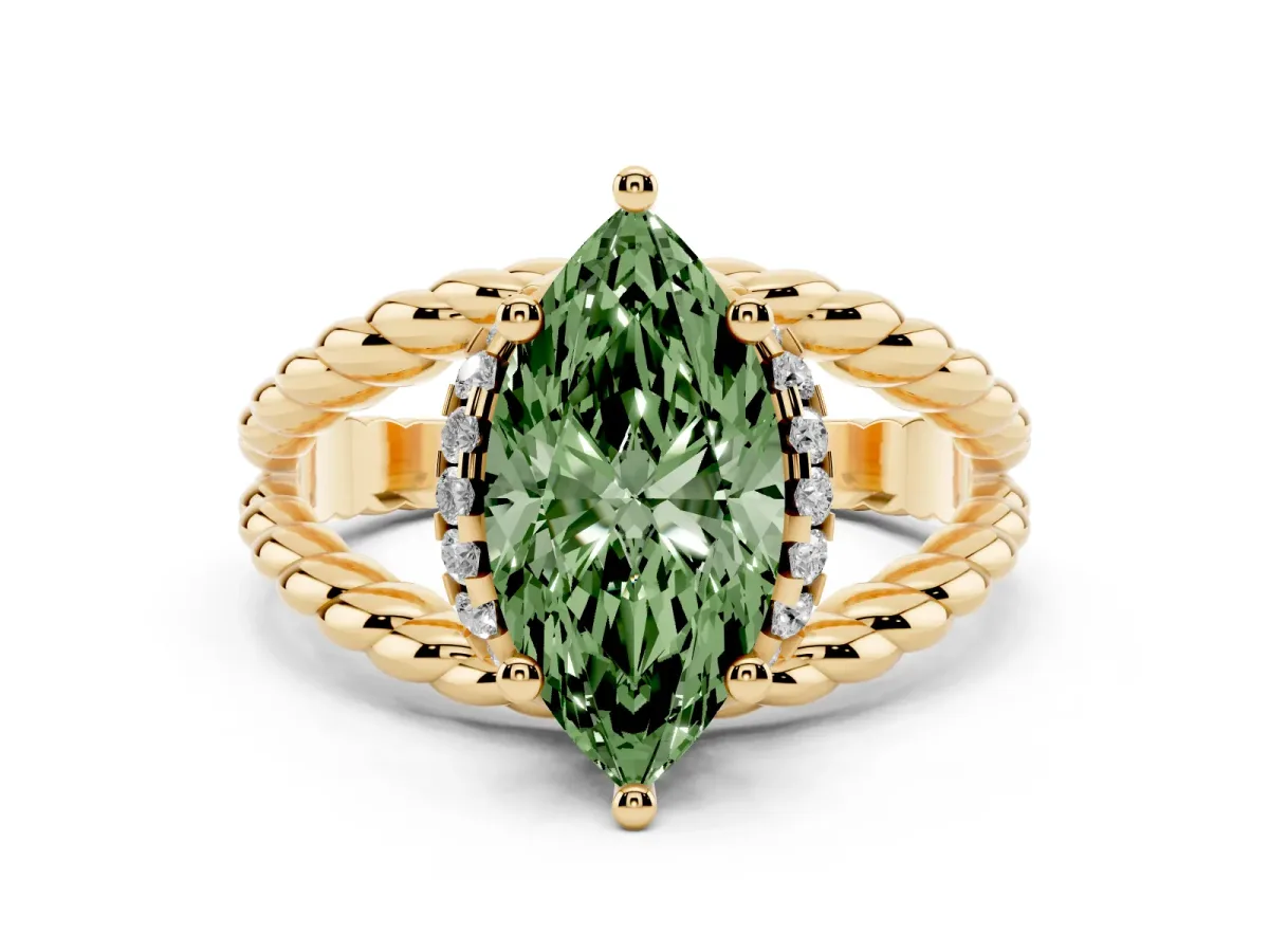 Fancy Green Marquise Cut Halo Twisted Band Four-Prong Ring Yellow gold