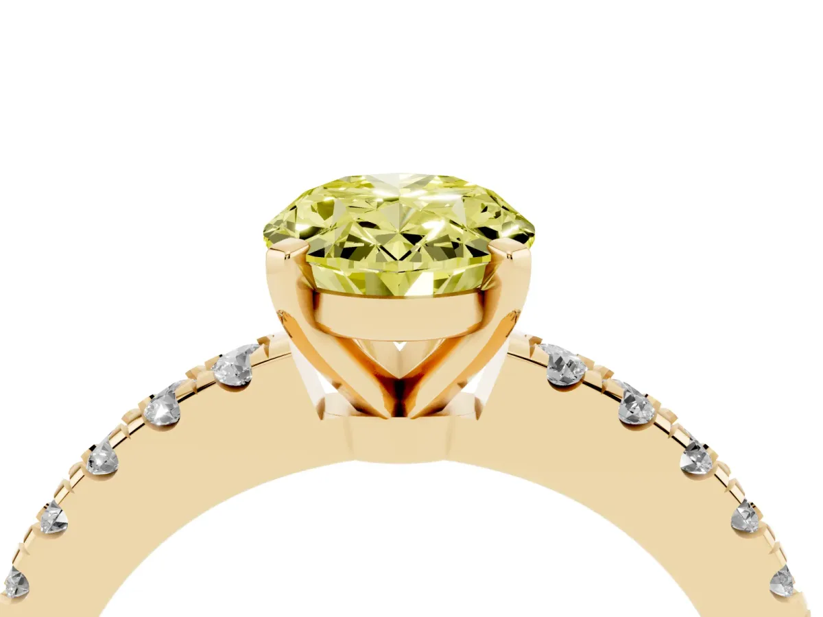 Fancy Yellow Oval Cut Solitaire Diamond with Pavé Band and Four-Prong Setting Yellow gold