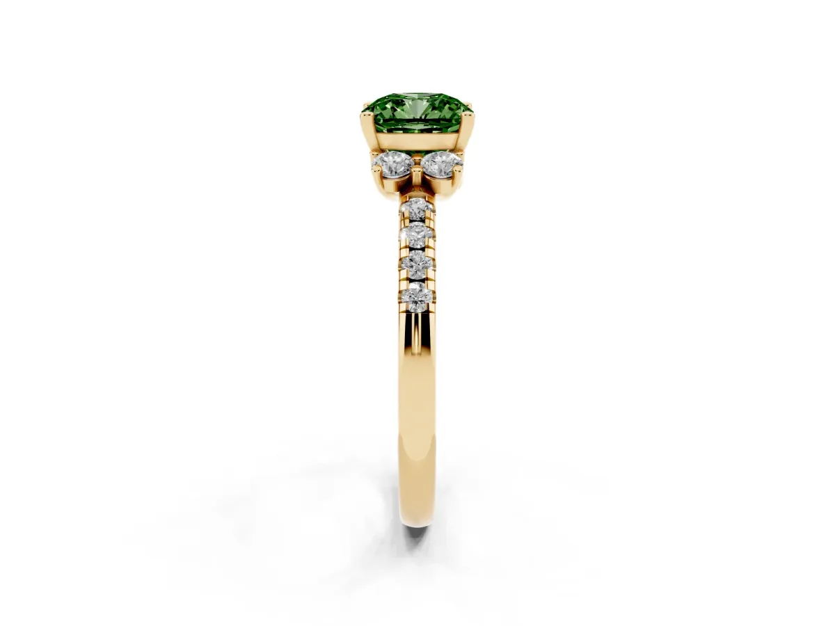 Fancy Green Cushion Cut Diamond Three-Stone Pave Band with Four-Prong Setting Yellow gold
