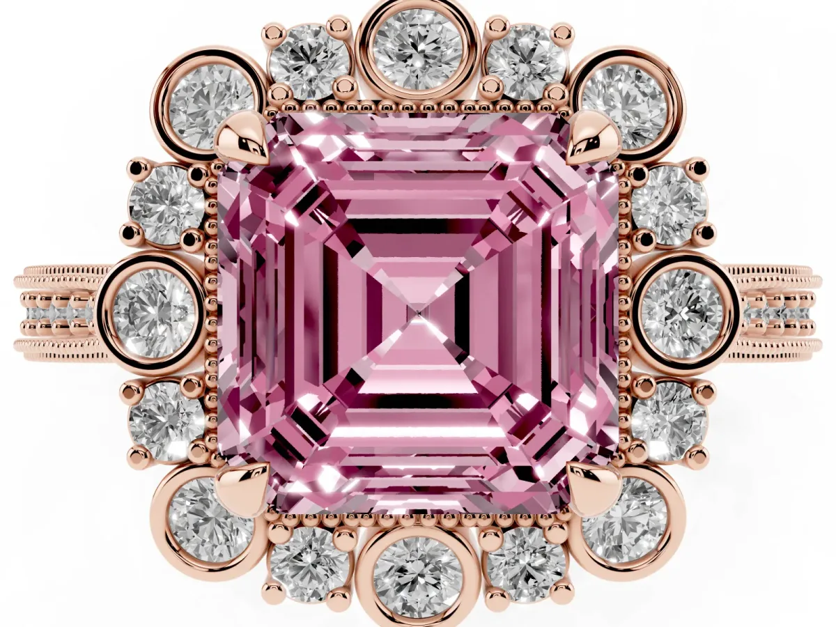 Fancy Pink Asscher Cut Halo Milgrain Pave Diamond Ring with Four-Prong Setting Rose gold
