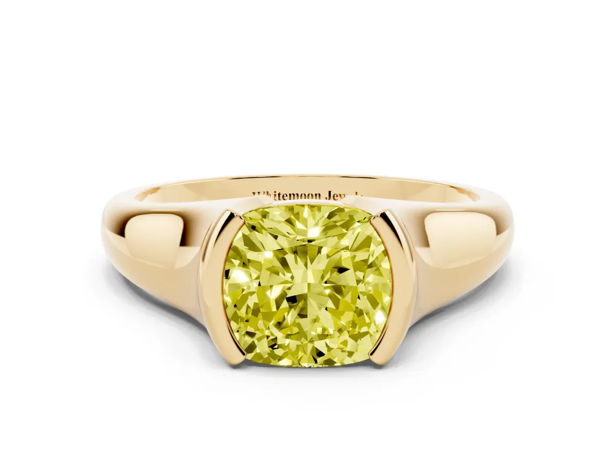 Fancy Yellow Cushion Cut Solitaire Tension Set Diamond Ring with Split Shank Band Yellow gold