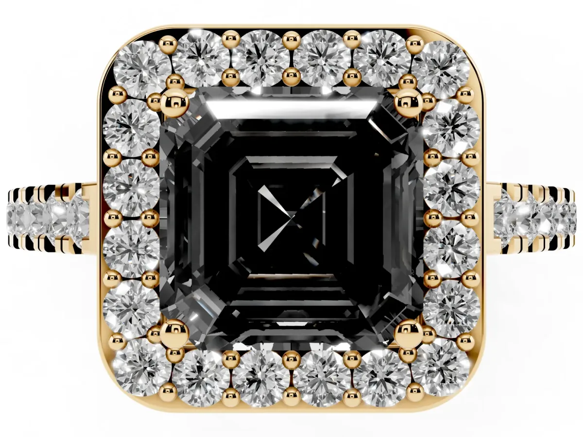 Fancy Black Asscher Cut Diamond Halo Ring with Round Pavé Split Shank and Prong Setting Yellow gold
