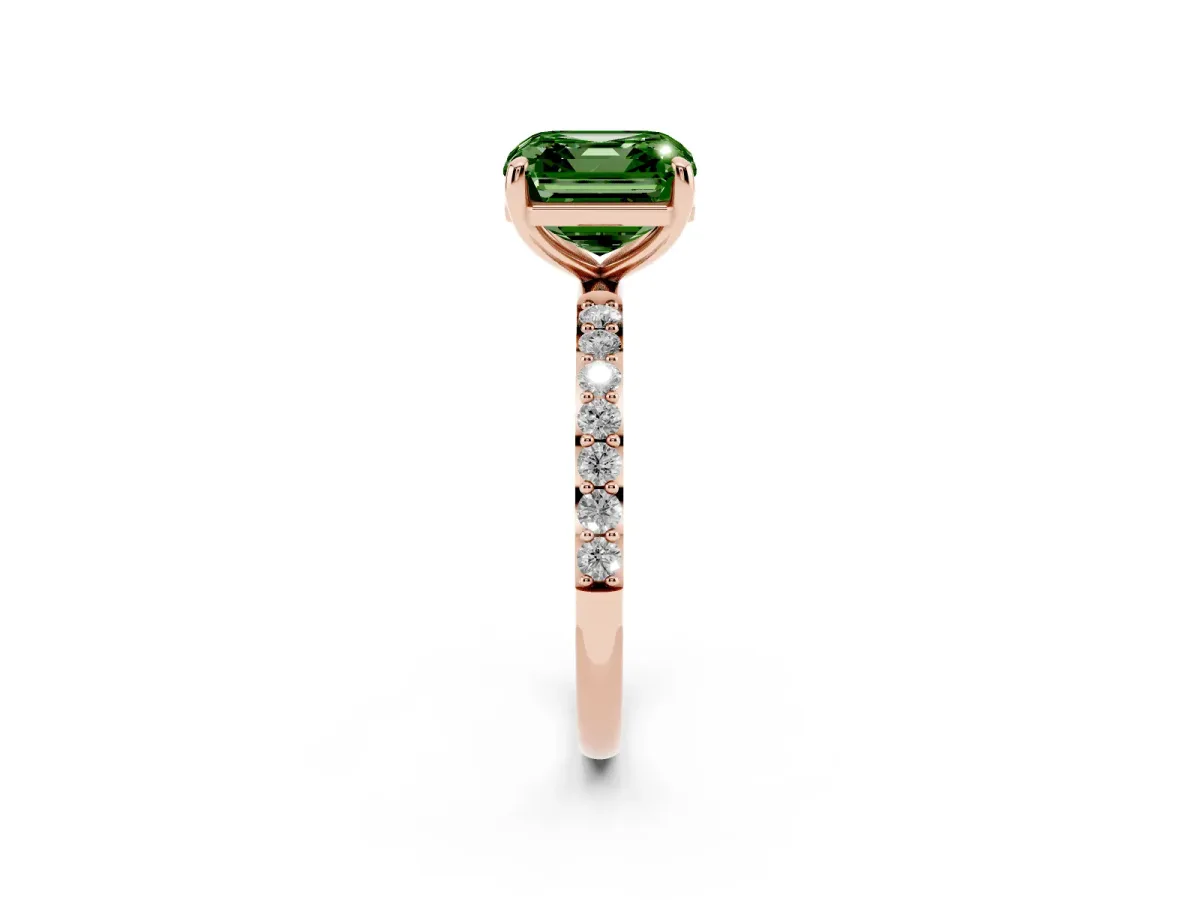Fancy Green Asscher Cut Diamond Solitaire Ring with Round Pavé Band and Prong Setting Rose gold