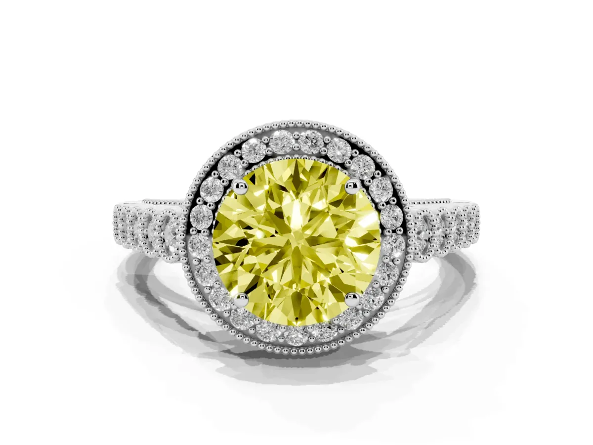 Fancy Yellow Round Cut Halo Milgrain Solitaire with Bezel Set Side Stones and Pave Band Platinum