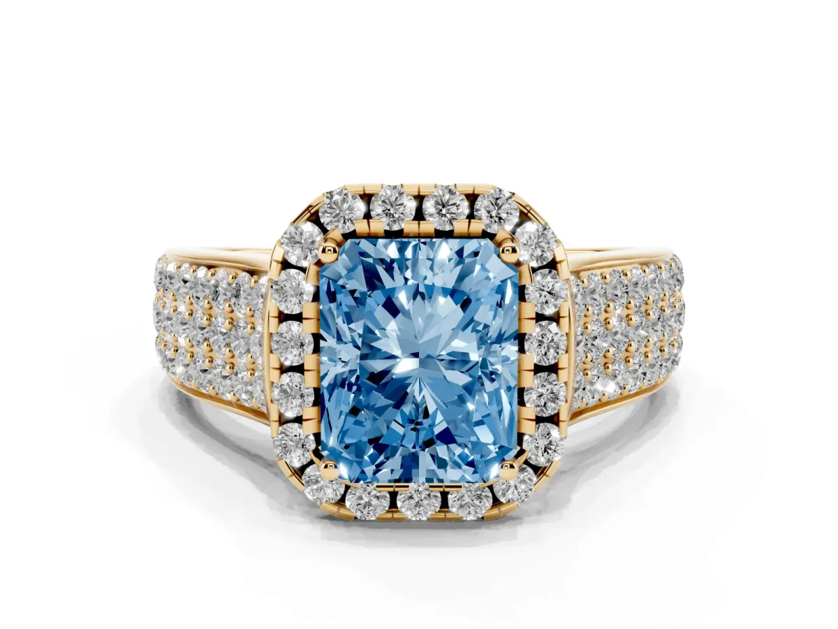 Fancy Blue Radiant Cut Halo Round Diamond Pave Band with Prong Setting Yellow gold