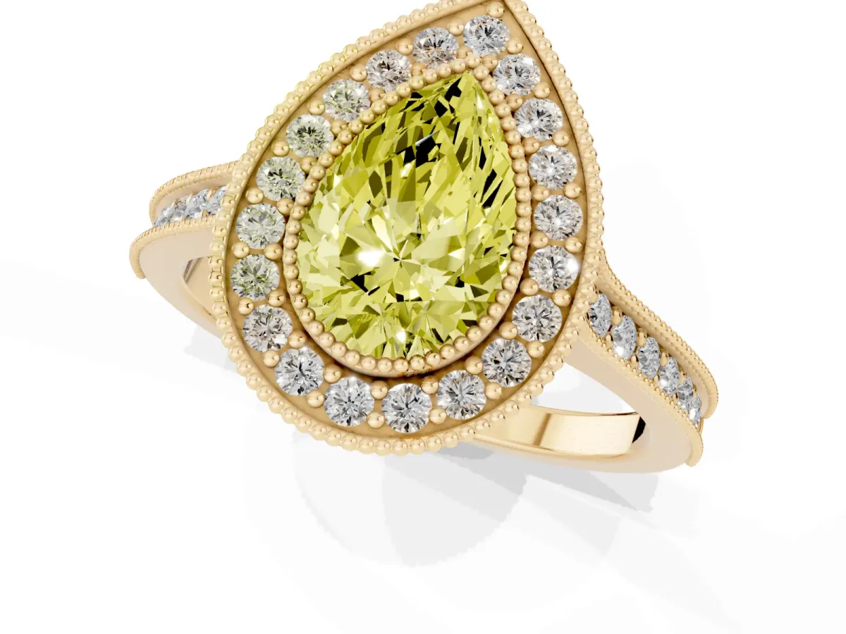 Fancy Yellow Halo Pear Cut-Cut Diamond Pave Band Milgrain Prong Setting Ring Yellow gold
