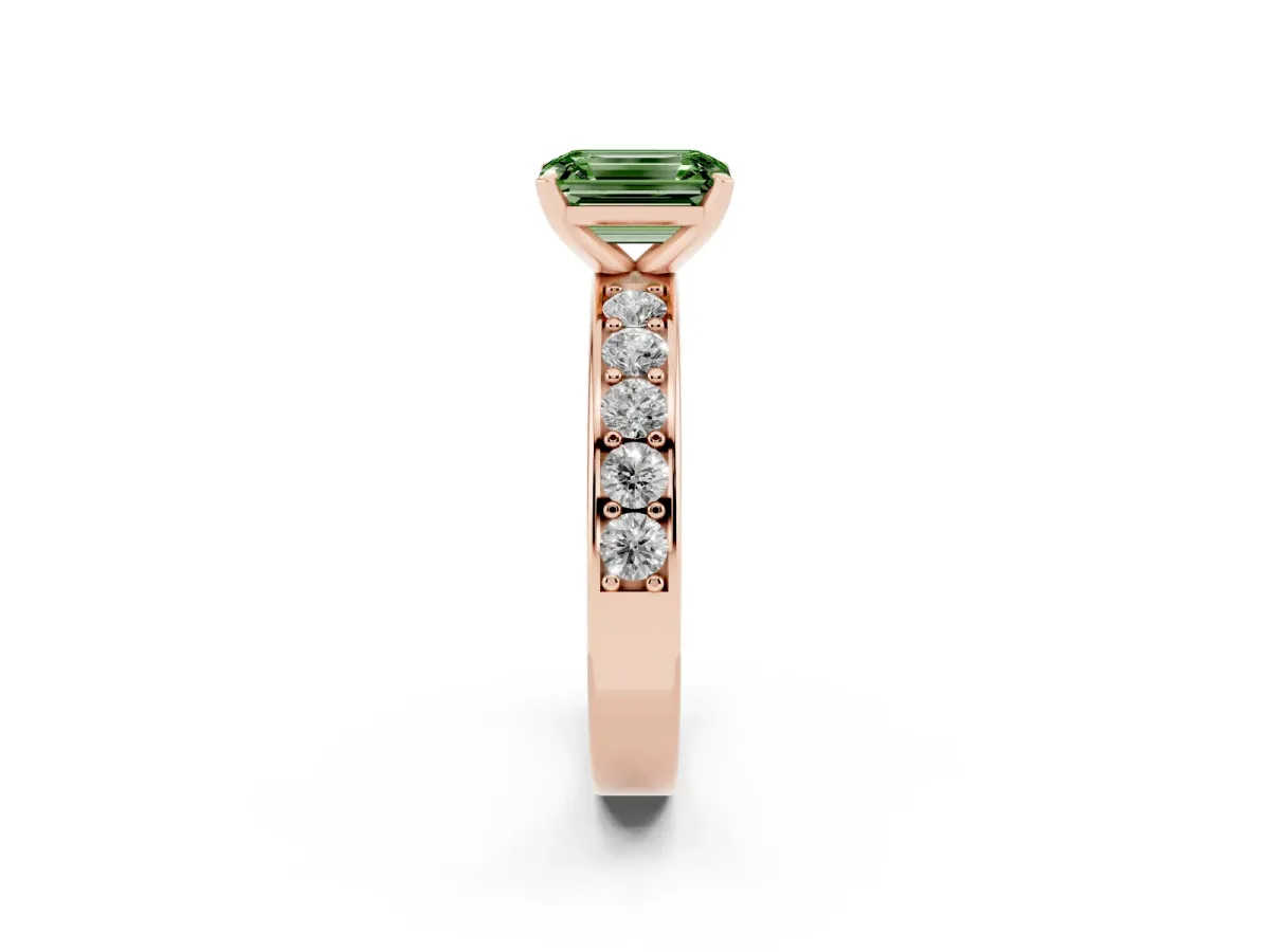 Fancy Green Emerald Cut Diamond Engagement Ring with Channel Set Round Band and Prong Setting Rose gold