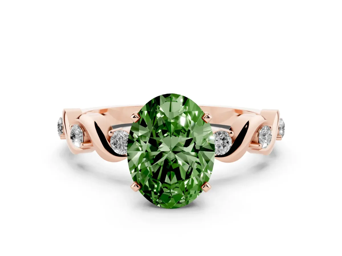 Fancy Green Oval Cut Diamond Solitaire Twisted Band with Round Accents and Prong Setting Rose gold