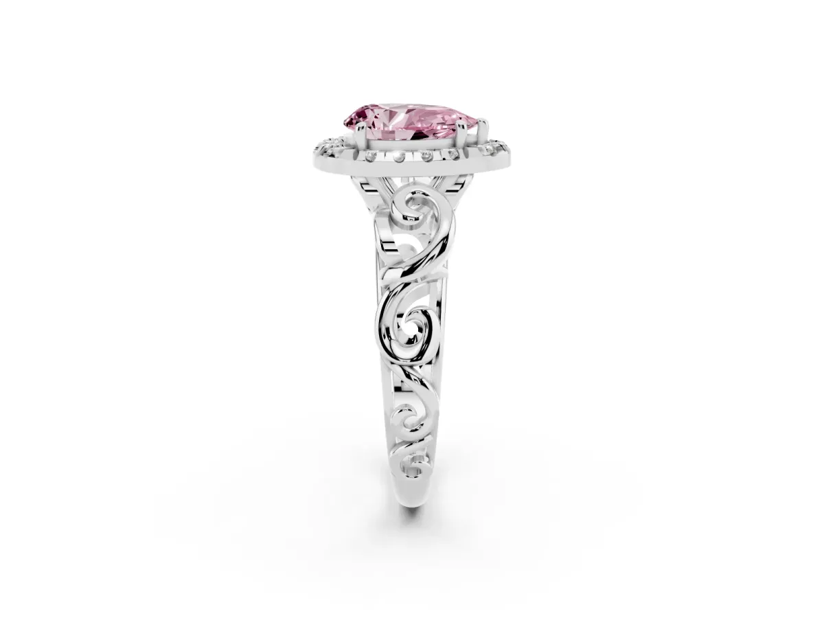 Fancy Pink Pear Cut Cut Halo Diamond Ring with Scrollwork Band and Four-Prong Setting Silver