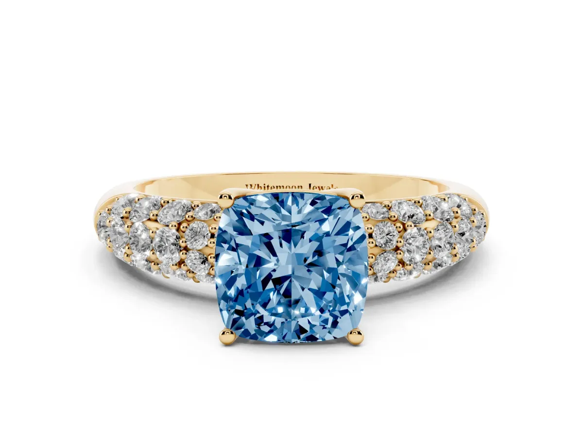 Fancy Blue Cushion Cut Diamond Pavé Band Solitaire Ring with Four-Prong Setting Yellow gold