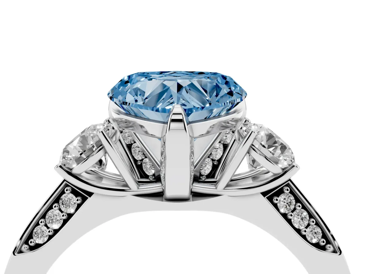 Fancy Blue Heart Cut Brilliant Three-Stone Diamond Ring with Pavé Band and Four-Prong Setting Platinum