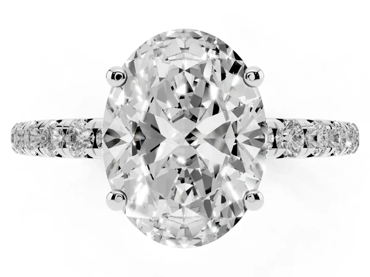 Oval Cut Cut Diamond Solitaire Ring with Micro Pave Band and Four Prong Setting White gold