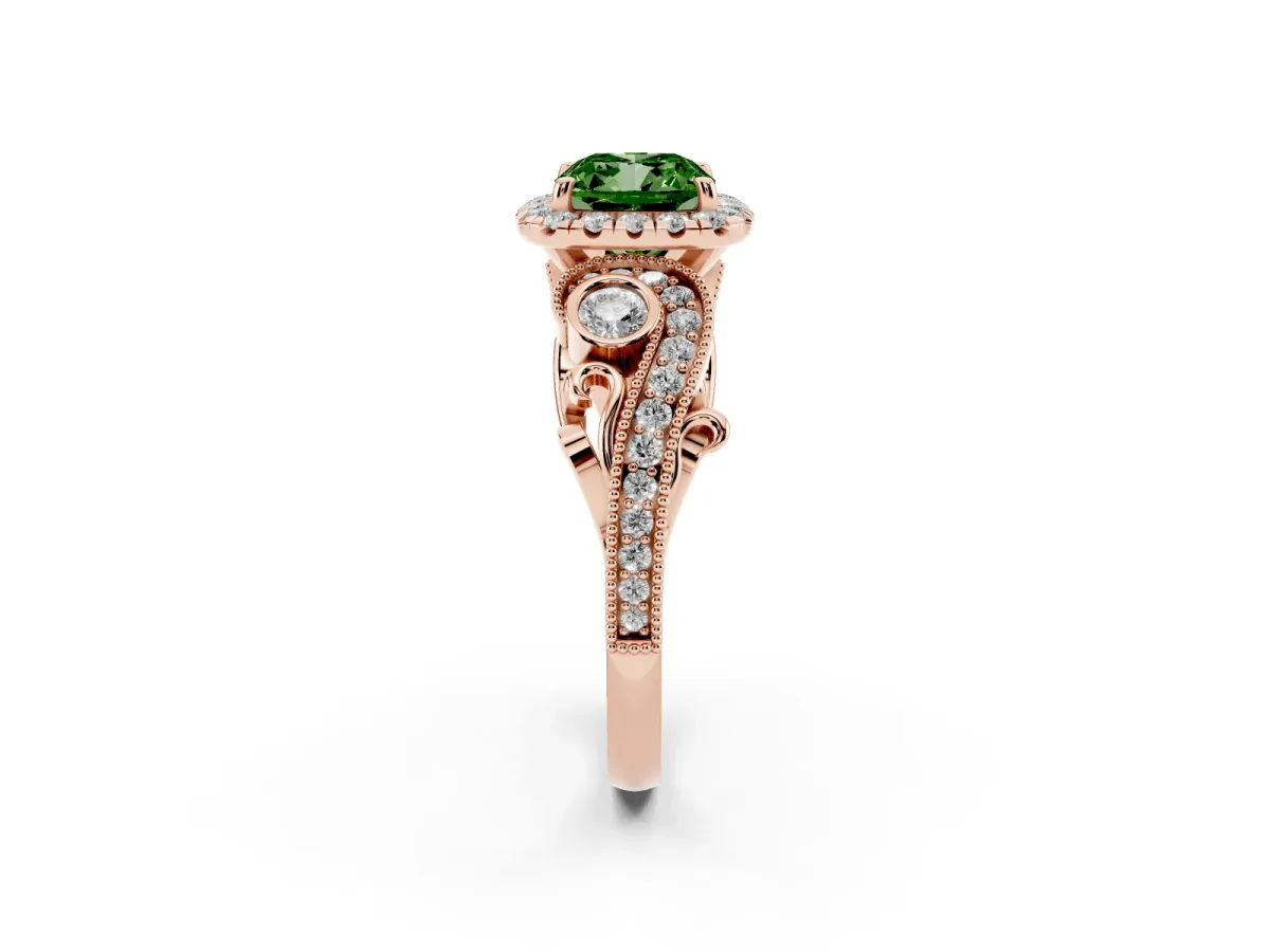 Fancy Green Cushion Cut Diamond Halo Ring with Milgrain Pavé Band and Four-Prong Setting Rose gold