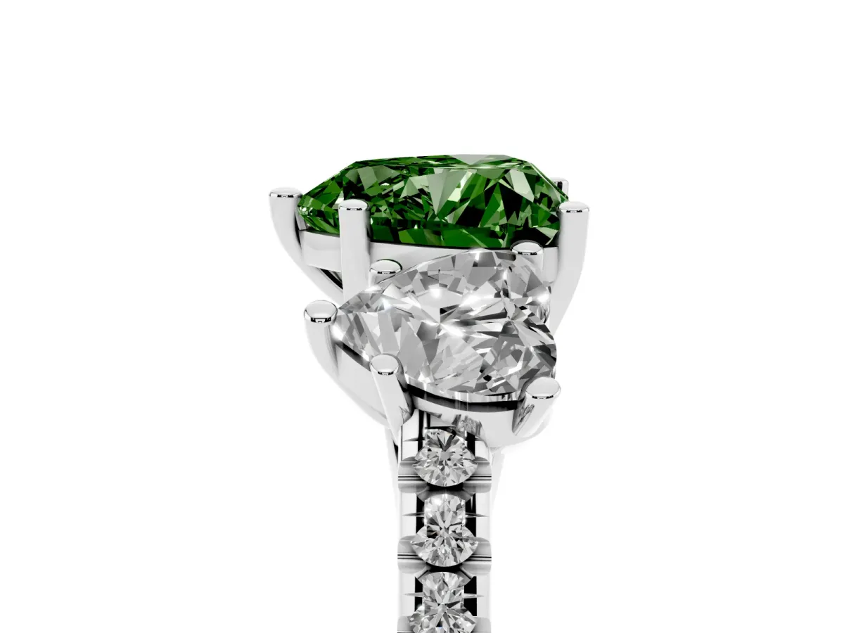Fancy Green Three-Stone Heart Cut Diamond Ring with Round Pavé Band and Prong Setting Silver