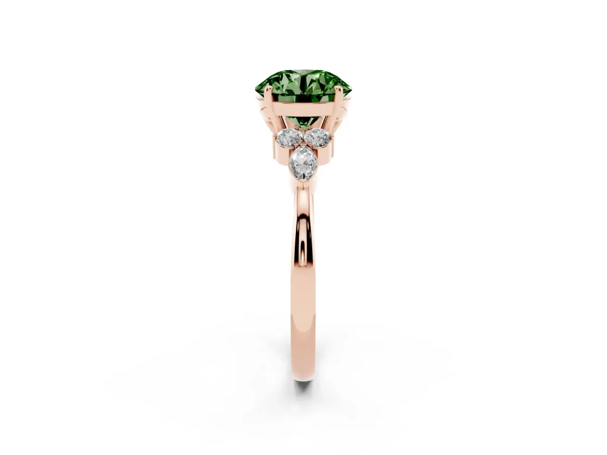 Fancy Green Round Cut Brilliant Diamond Solitaire Ring with Pear Side Stones and Four-Prong Setting Rose gold