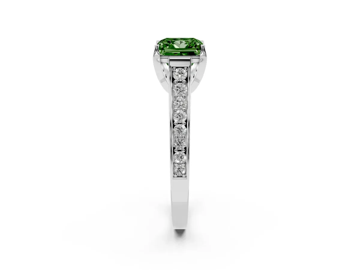 Fancy Green Princess Cut Brilliant Cut Diamond Engagement Ring with Pavé Band and Four-Prong Setting Silver