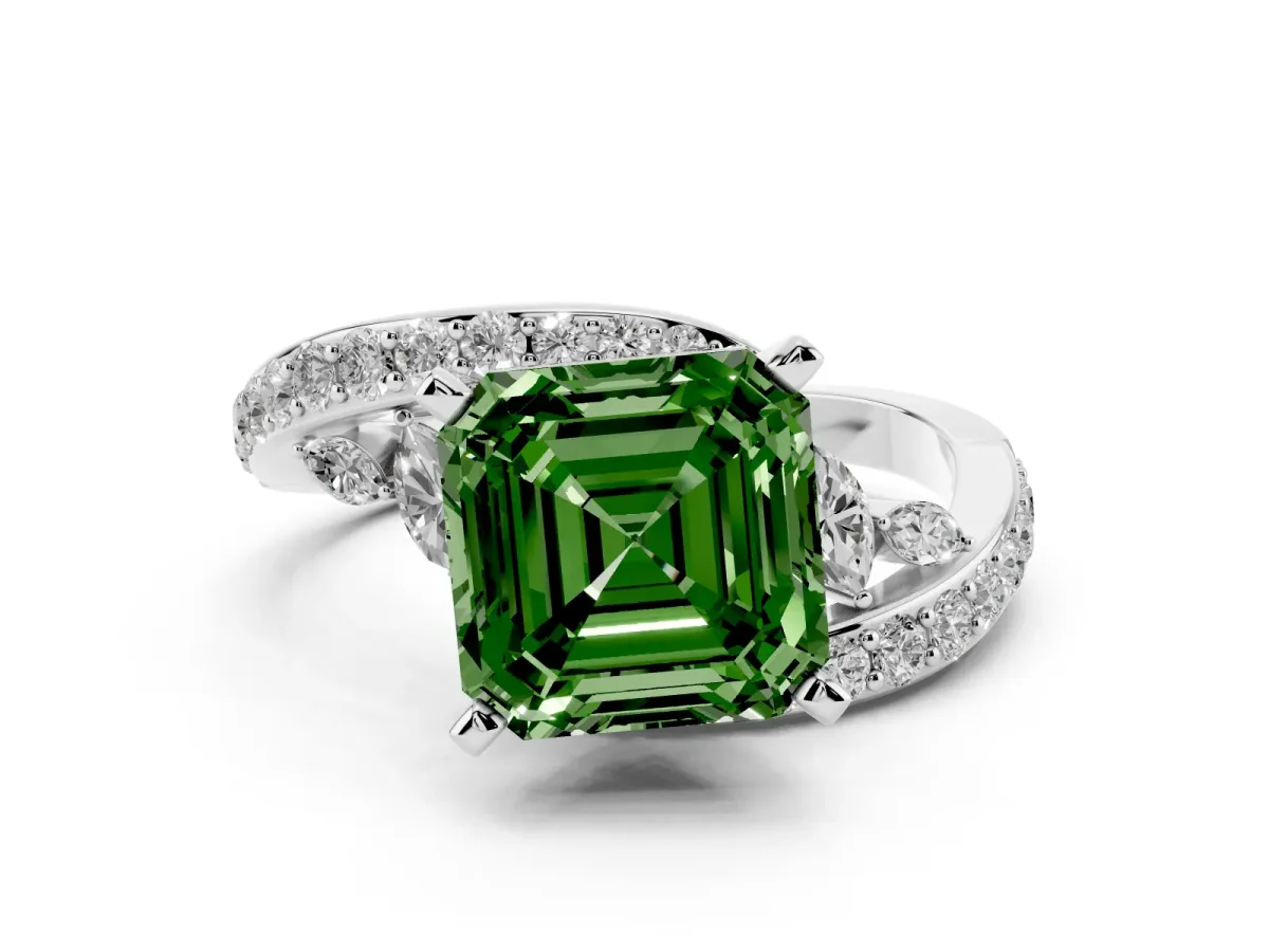 Fancy Green Asscher Cut Solitaire with Pavé Twist Band and Four-Prong Setting Silver