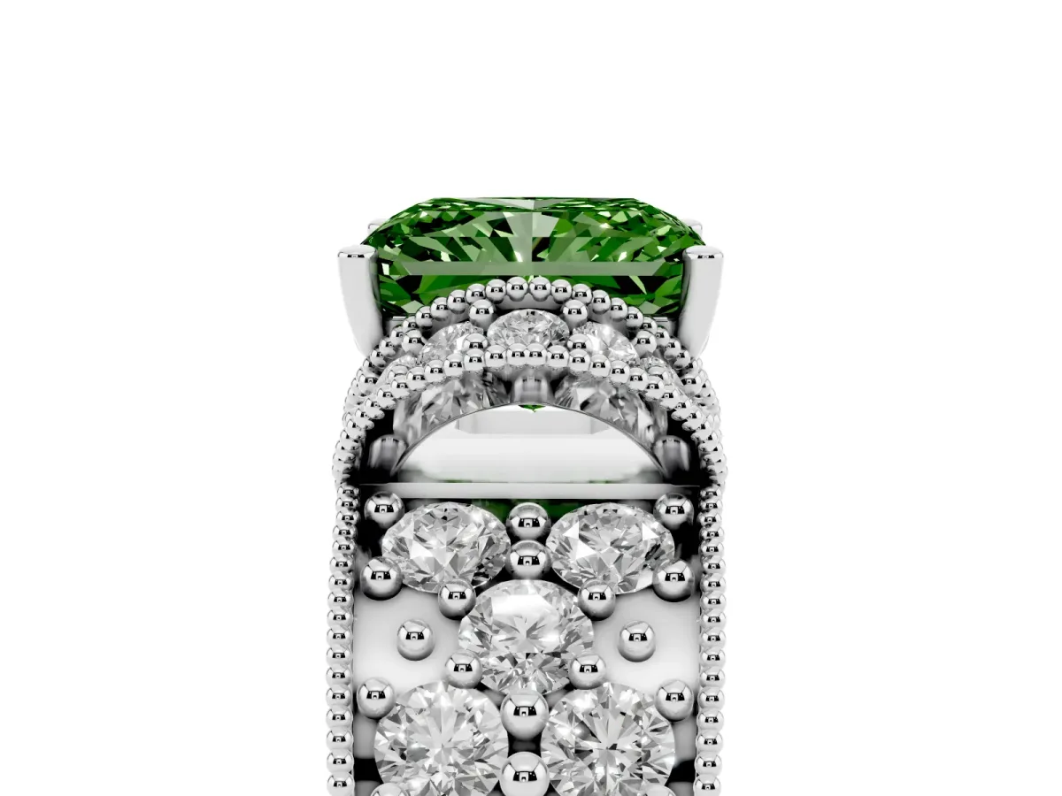 Fancy Green Radiant Cut Halo Pave Diamond Engagement Ring with Milgrain Detailing White gold