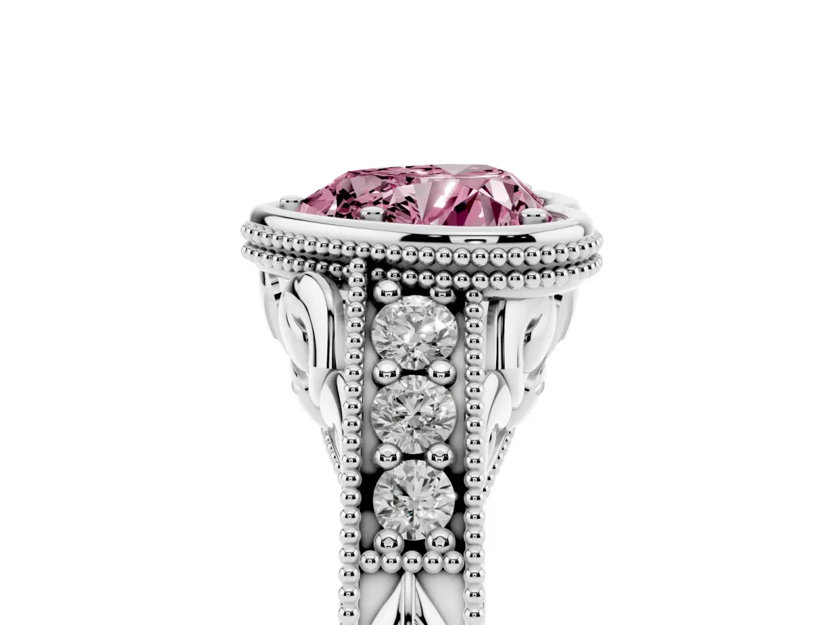Fancy Pink Bezel Set Heart Cut Diamond Milgrain Pave Engagement Ring Silver