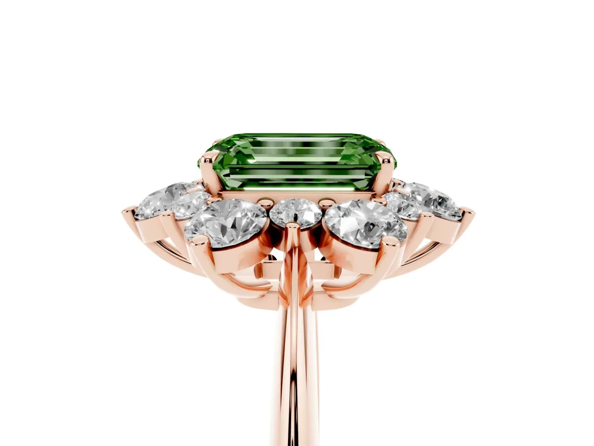 Fancy Green Emerald Cut Diamond Cluster Halo Ring with Solitaire Band and Four-Prong Setting Rose gold