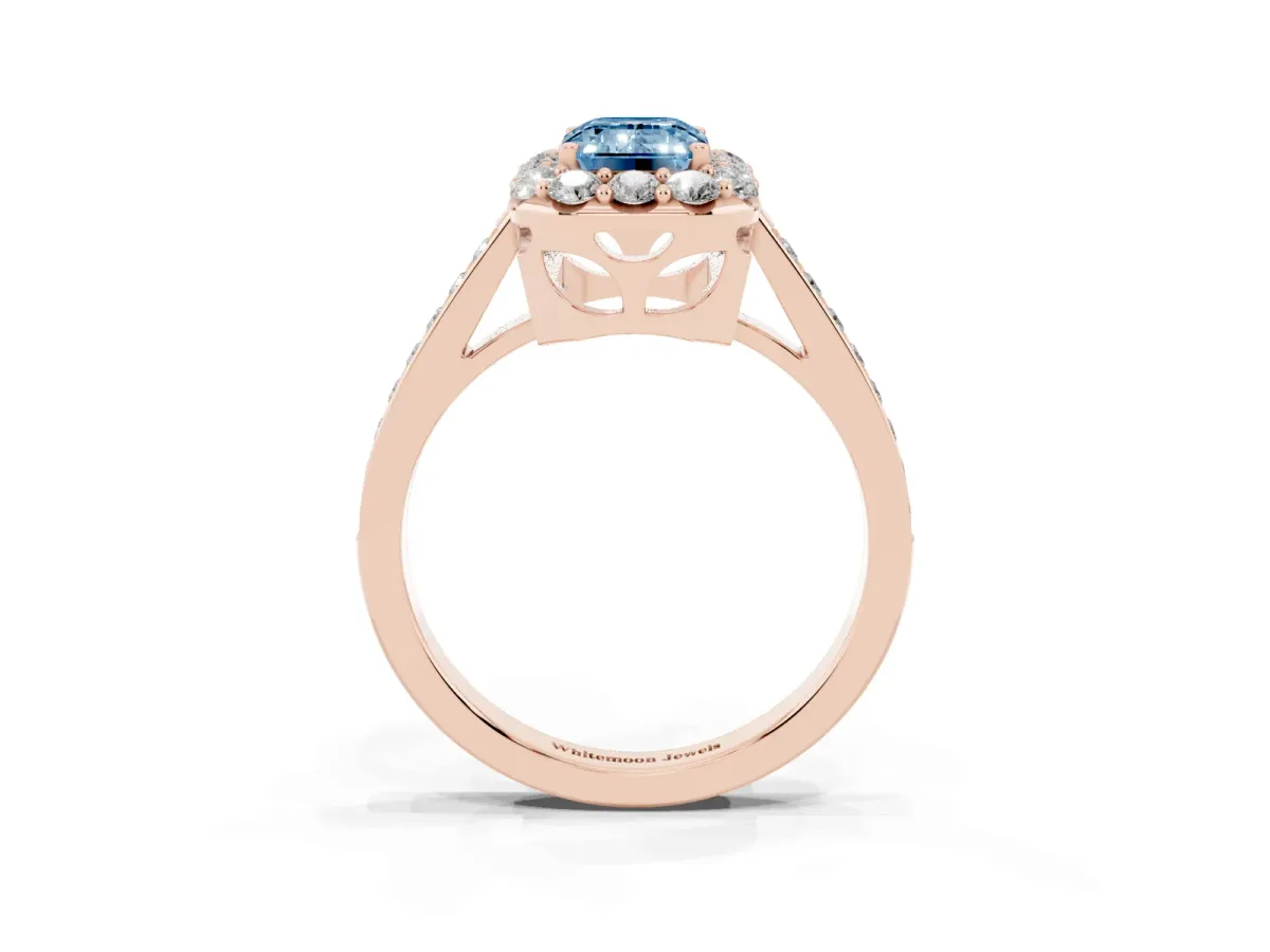 Fancy Blue Emerald Cut Diamond Floral Halo Ring with Pavé Band and Prong Setting Rose gold