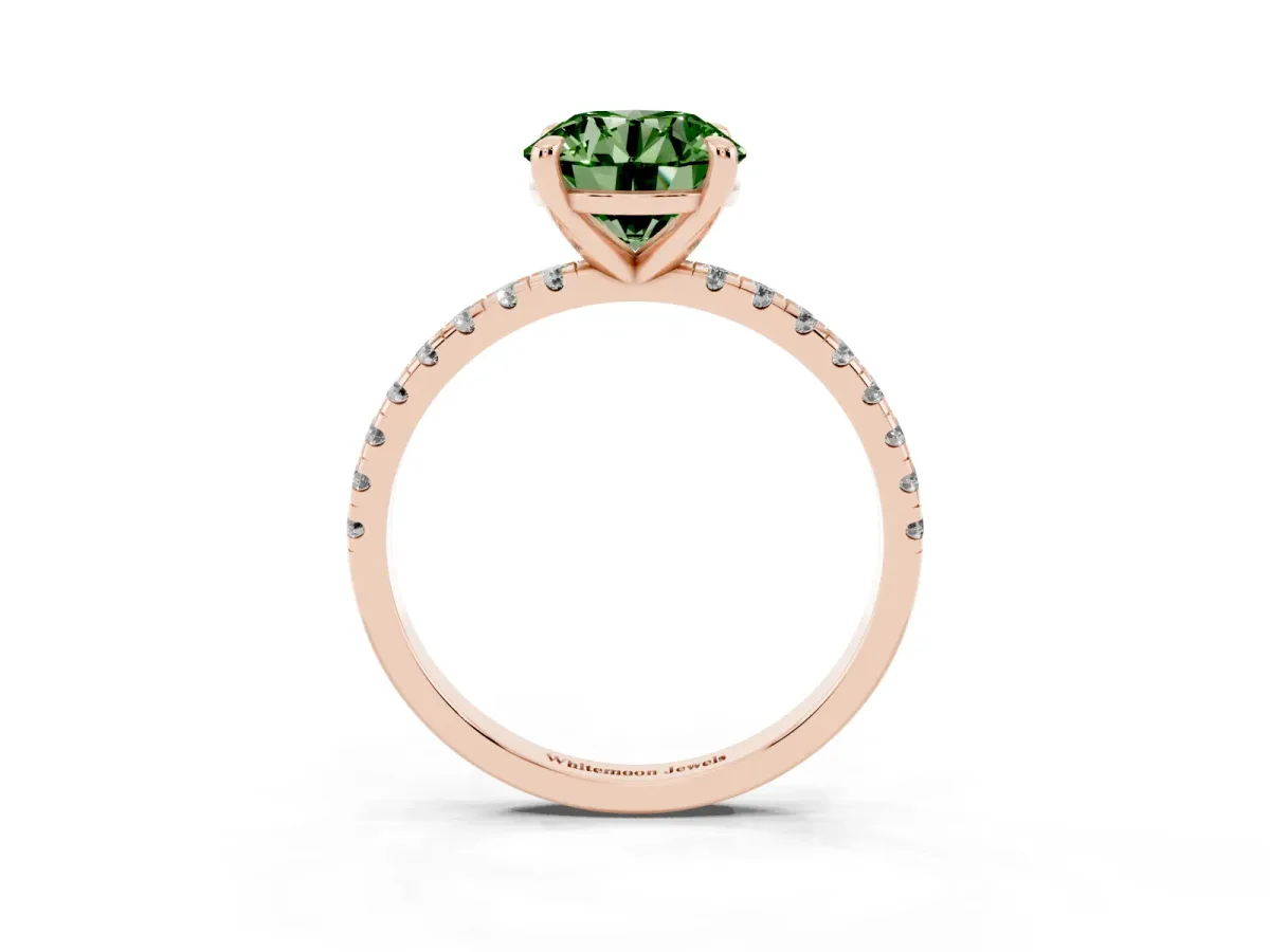 Fancy Green Round Cut Diamond Brilliant Solitaire Ring with Pavé Band and Four-Prong Setting Rose gold