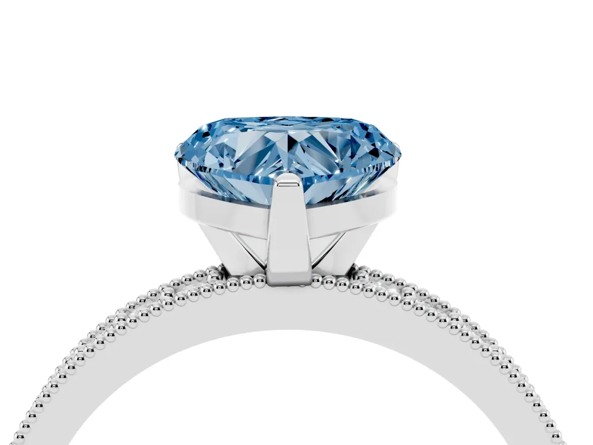 Fancy Blue Heart Cut Diamond Milgrain Pavé Engagement Ring with Four-Prong Setting Silver