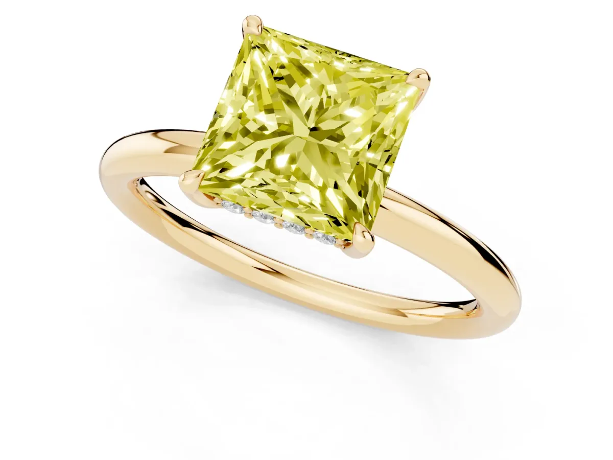 Fancy Yellow Princess Cut Diamond Solitaire Ring with Thin Band and Four-Prong Setting Yellow gold