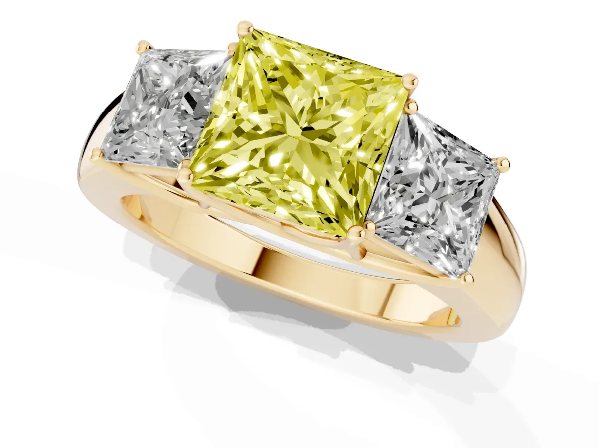 Fancy Yellow Three-Stone Princess Cut Cut Diamond Ring with Prong Setting and Classic Band Yellow gold