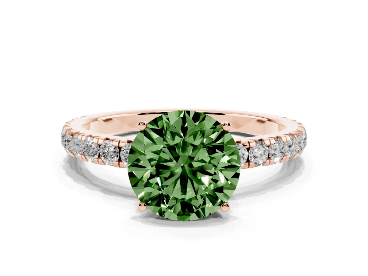 Fancy Green Round Cut Diamond Pavé Solitaire Engagement Ring with Four-Prong Setting Rose gold