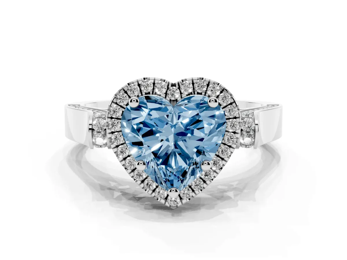 Fancy Blue Heart Cut Halo Round Diamond Twist Band with Four-Prong Setting Silver