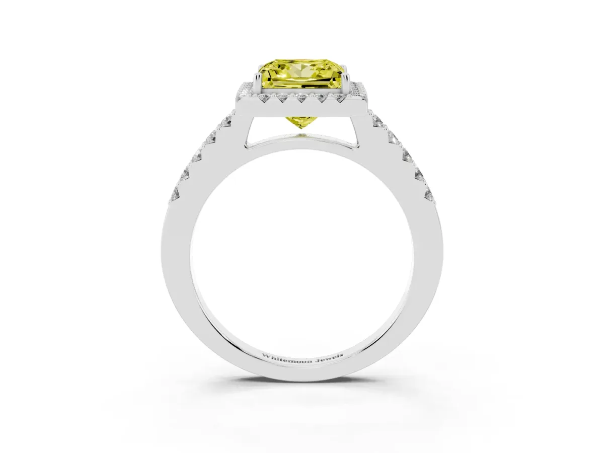 Fancy Yellow Princess Cut Halo Diamond Pavé Solitaire Ring Platinum