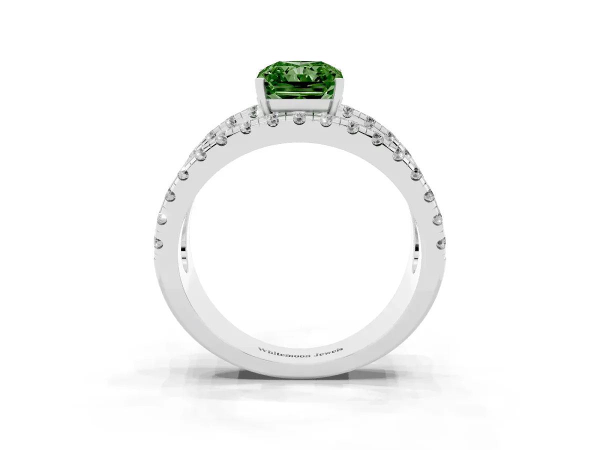 Fancy Green Radiant Cut Solitaire Split Shank Pave Diamond Ring Platinum