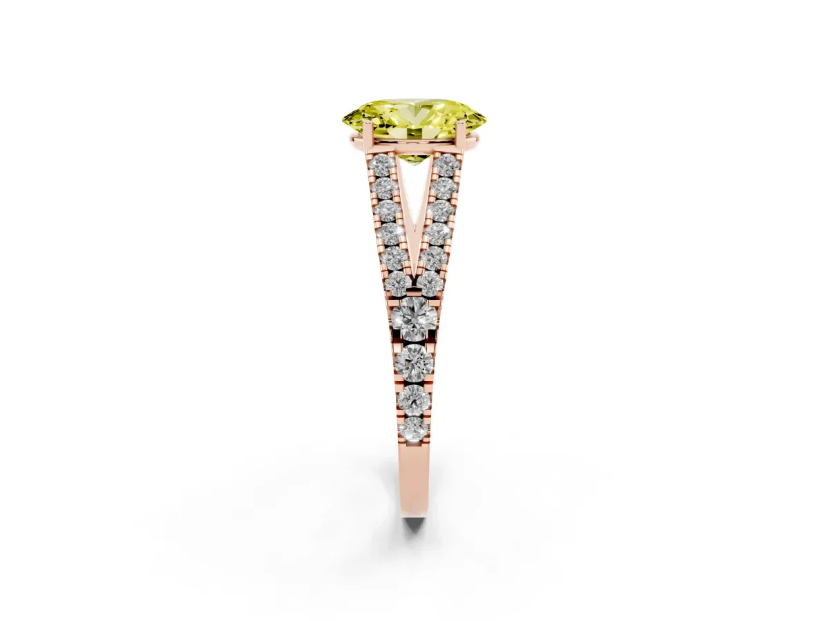 Fancy Yellow Oval Cut Diamond Split Shank Engagement Ring with Round Pavé and Prong Setting Rose gold
