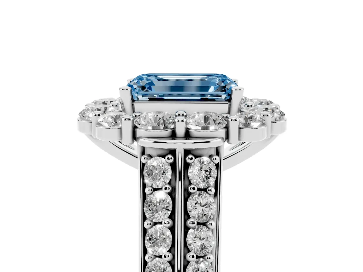 Fancy Blue Emerald Cut Halo Diamond Engagement Ring with Split Shank and Prong Setting Silver