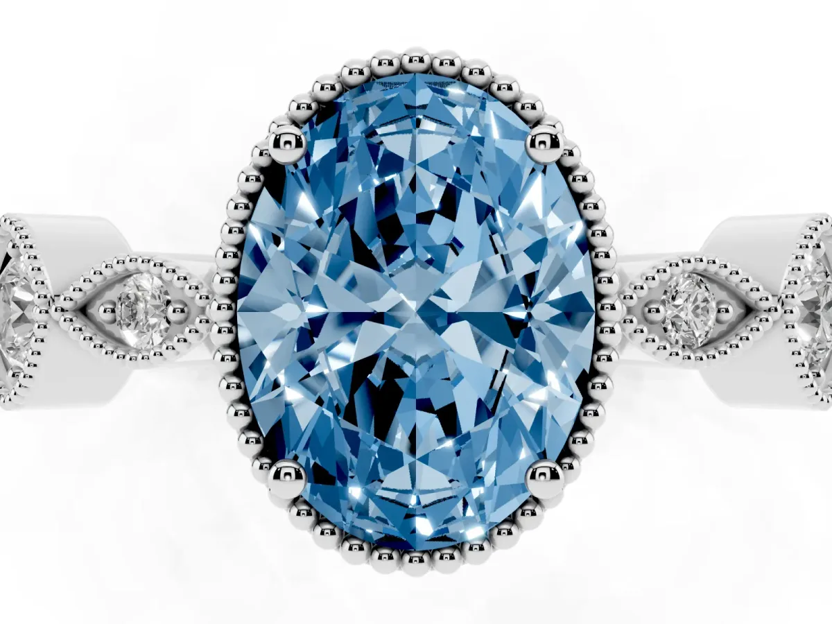 Fancy Blue Oval Cut Diamond Vintage Milgrain Ring with Round Stations Platinum