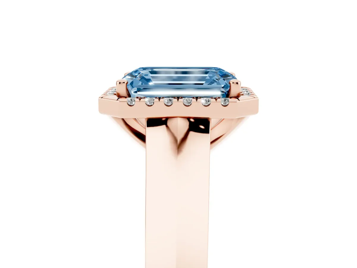 Fancy Blue Emerald Cut Halo Diamond Ring with Cathedral Band and Four-Prong Setting Rose gold