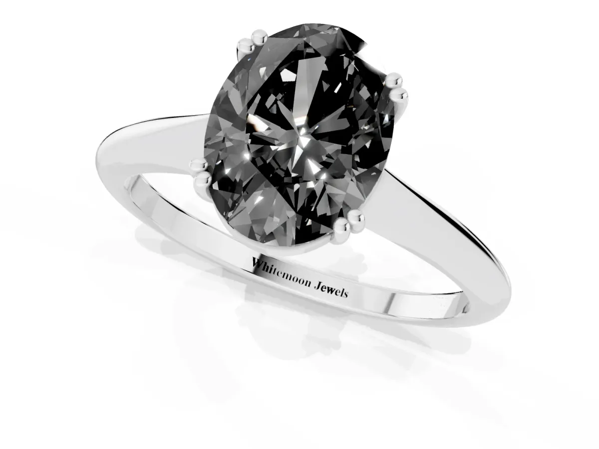 Fancy Black Oval Cut Solitaire Diamond Ring with Six-Prong Setting and Classic Band Silver