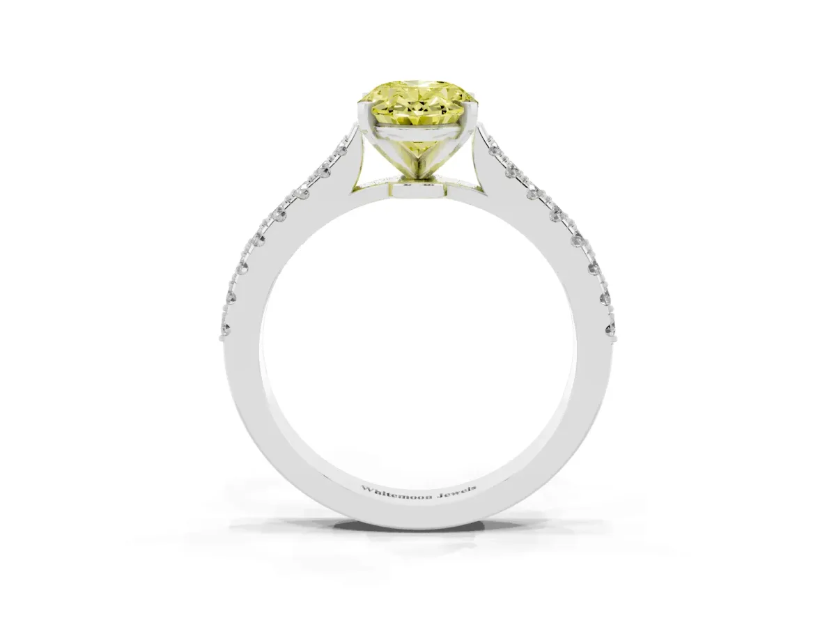 Fancy Yellow Oval Cut Cut Solitaire Diamond Engagement Ring with Pave Band and Four-Prong Setting Platinum