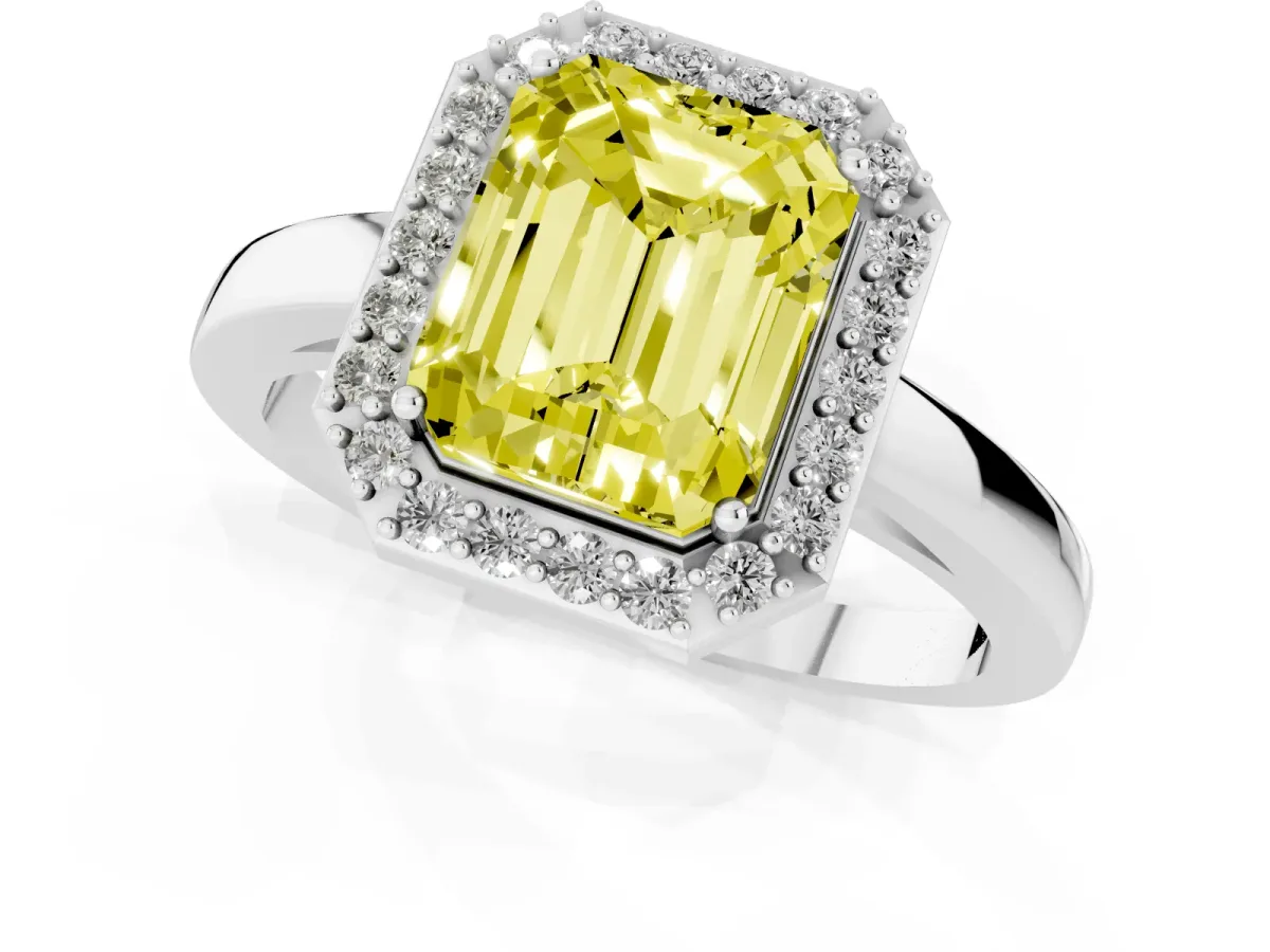 Fancy Yellow Radiant Cut Halo Diamond Ring with Solitaire Band and Prong Setting Silver