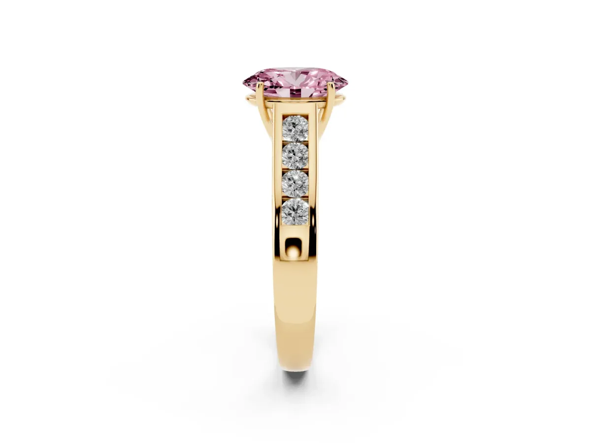 Fancy Pink Oval Cut Brilliant Channel-Set Solitaire Ring with Four-Prong Setting Yellow gold