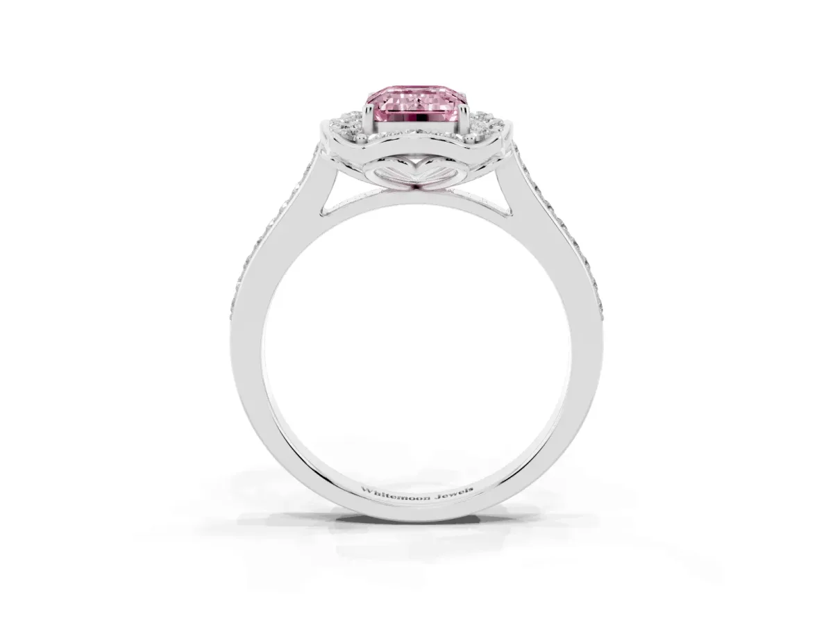Fancy Pink Emerald Cut Halo Round Diamond Pave Band with Four-Prong Setting Platinum