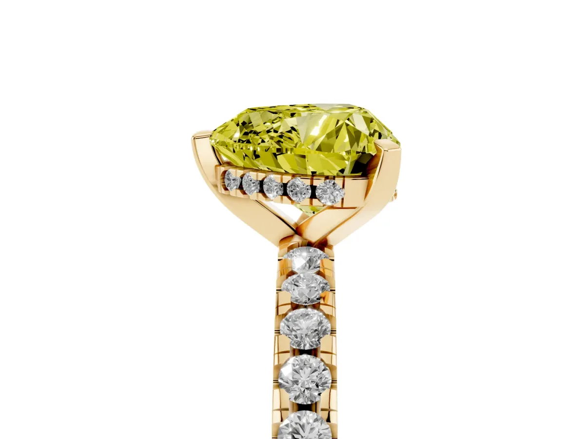 Fancy Yellow Heart Cut Diamond Solitaire Ring with Round Pavé Band and Four-Prong Setting Yellow gold