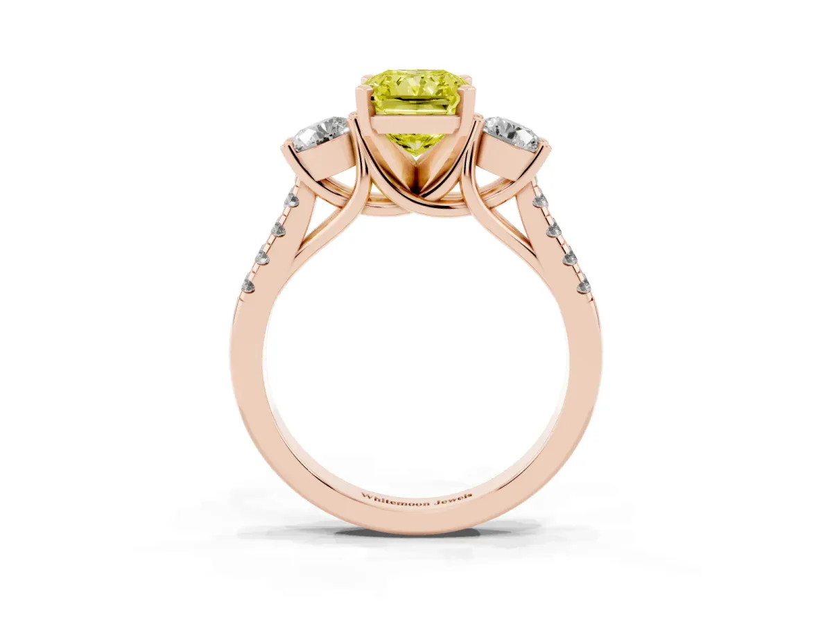 Fancy Yellow Three-Stone Radiant Cut Diamond Pavé Band with Four-Prong Setting Rose gold