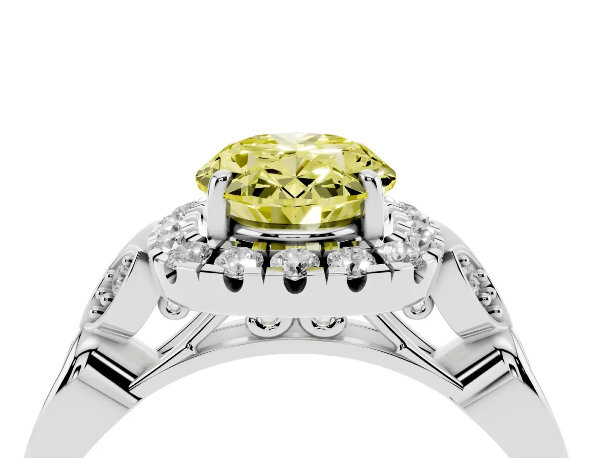 Fancy Yellow Oval Cut Halo Diamond Engagement Ring with Vintage-Inspired Band and Four-Prong Setting White gold
