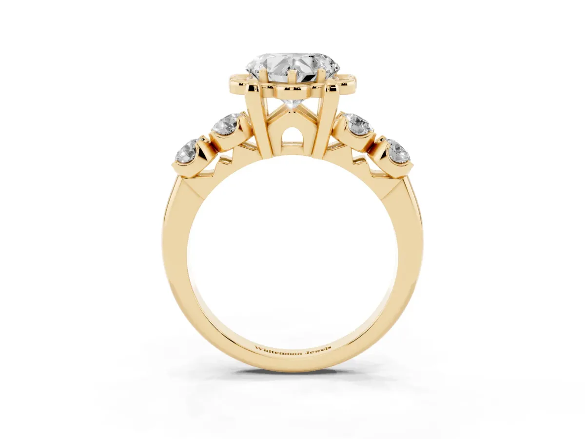 Heart Cut Cut Diamond Floral Halo Engagement Ring with Shared Prong Setting Yellow gold