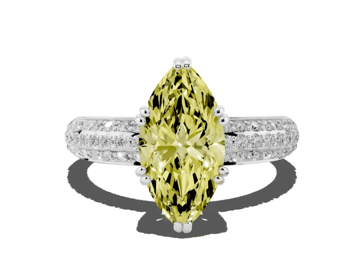 Fancy Yellow Marquise Cut Diamond Solitaire Ring with Multi-Row Round Pavé Band and Prong Setting White gold