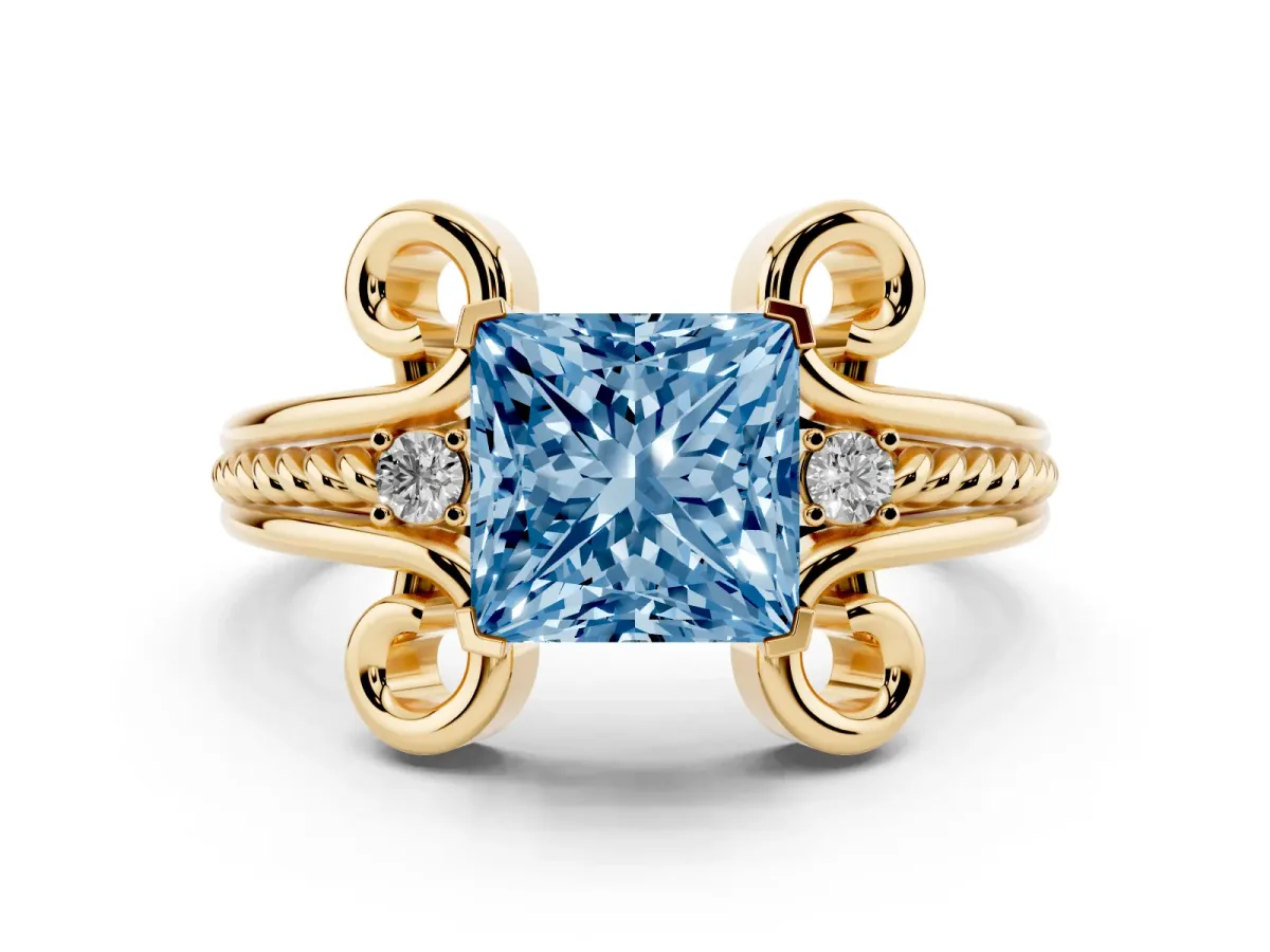 Fancy Blue Princess Cut Solitaire Twisted Band Scroll Prong Ring Yellow gold